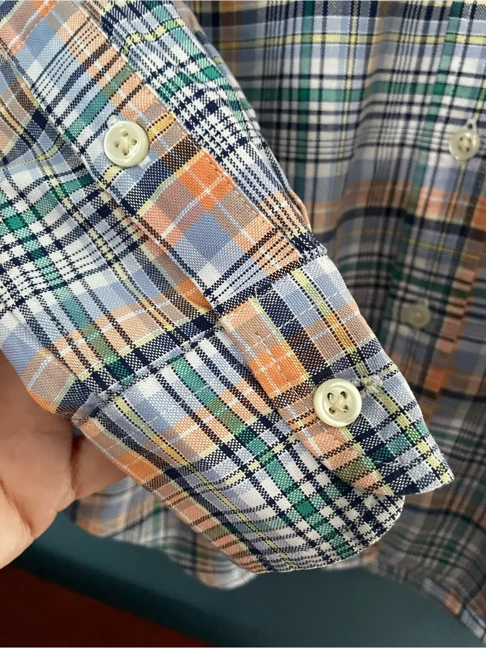 Ralph Lauren Boys Size 12 Plaid Button Down Shirt Blue Green Orange 100% Cotton